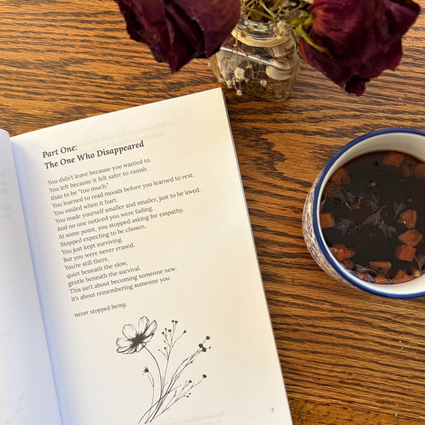 My Heal Journal open pages showing guided healing journal prompts with dried flowers and tea