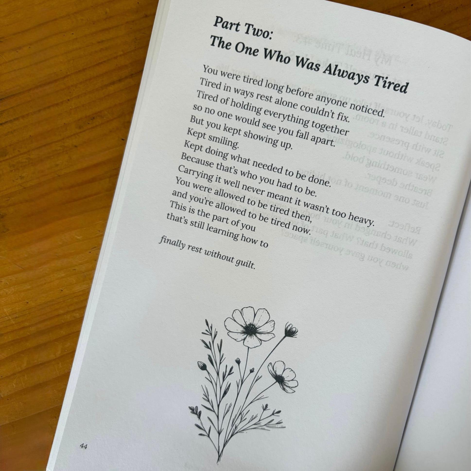 My Heal Journal open chapter page guided healing journal for emotional recovery and identity grief with floral illustration