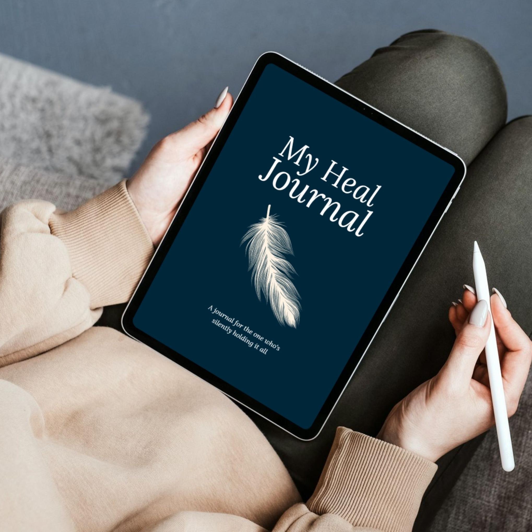 My Heal Journal digital PDF guided healing journal for burnout recovery held in hands on tablet