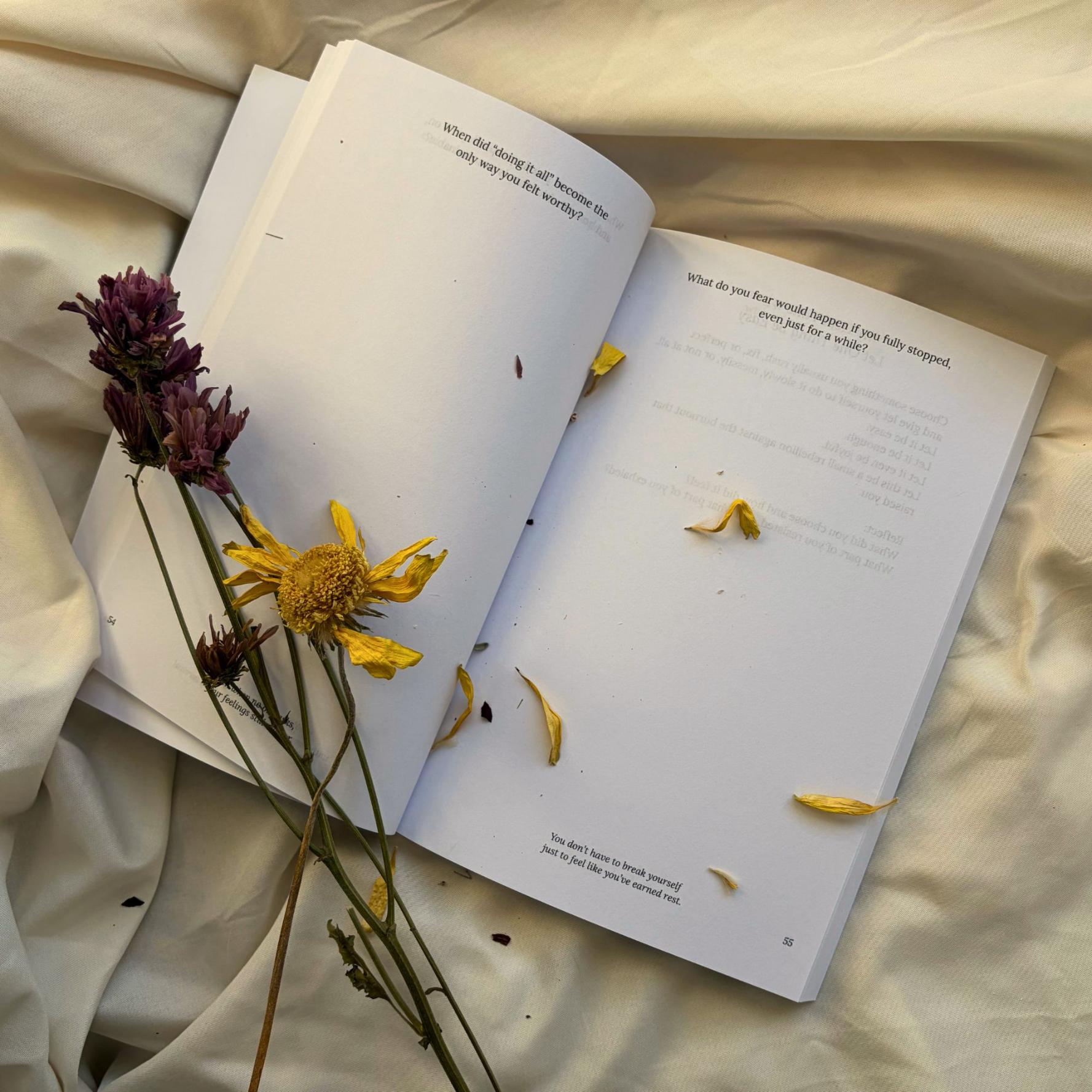 My Heal Journal open guided healing journal pages for burnout recovery and emotional exhaustion on cream fabric