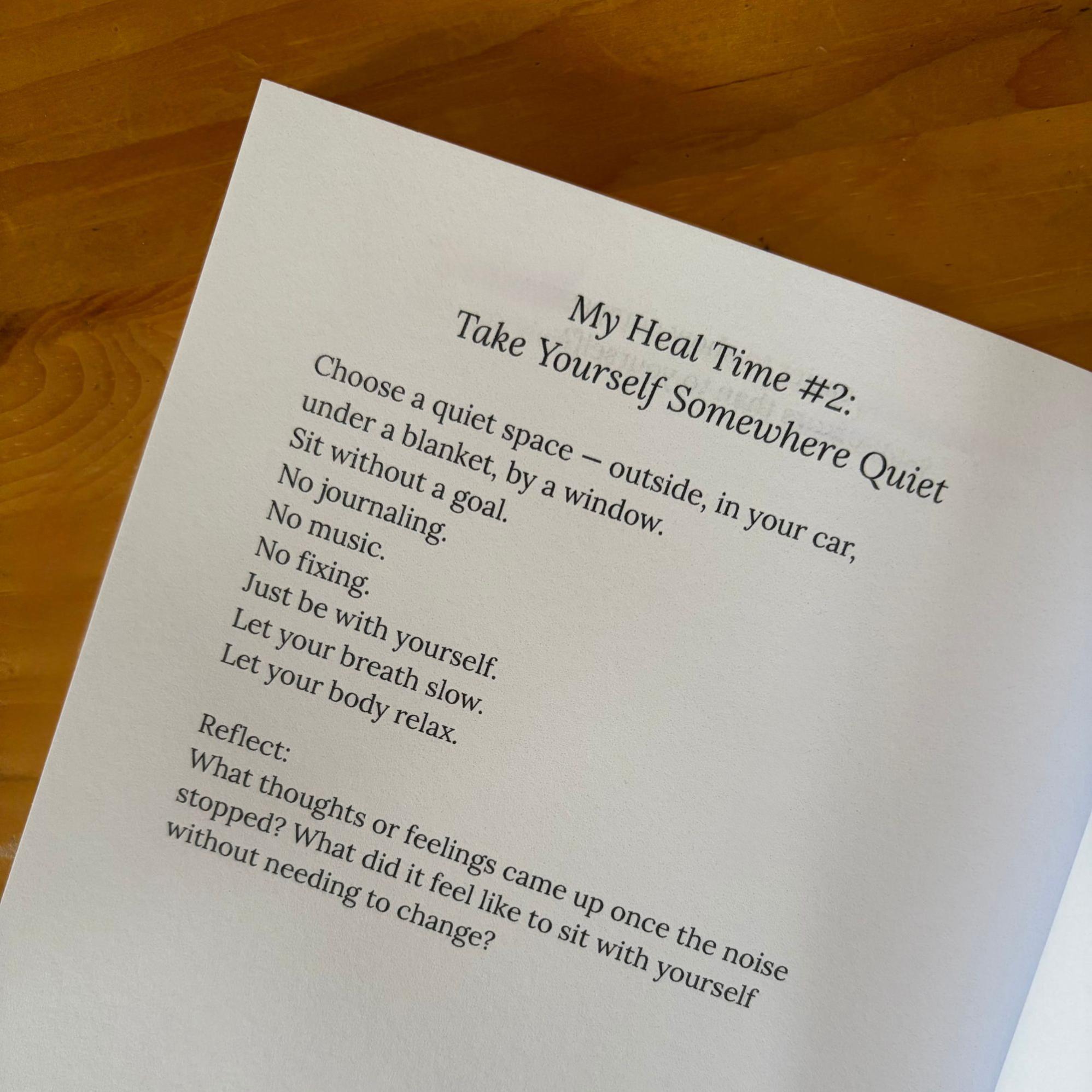 My Heal Journal open My Heal Time moment page guided healing journal for emotional exhaustion and self discovery