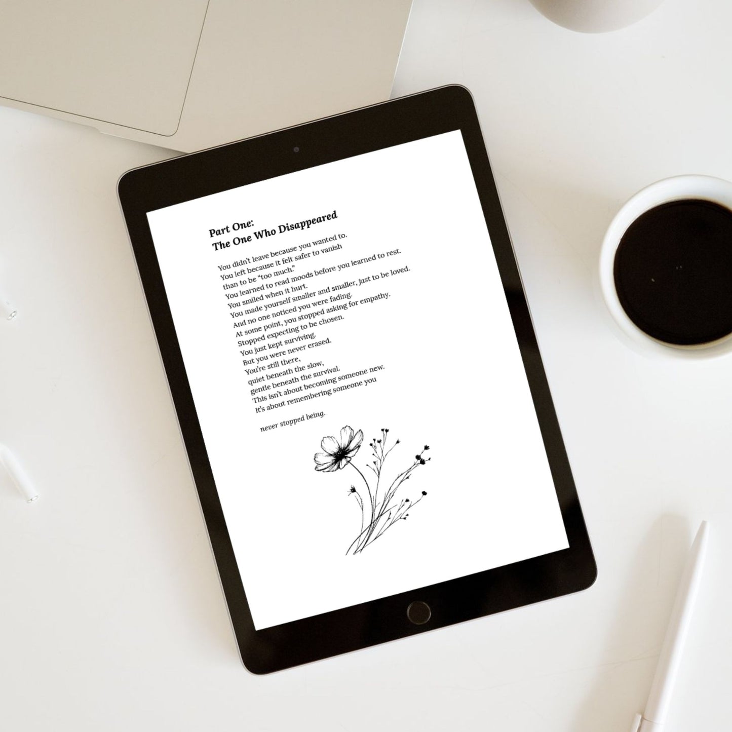  My Heal Journal PDF digital guided healing journal for emotional neglect, inner child, identity loss on tablet with coffee