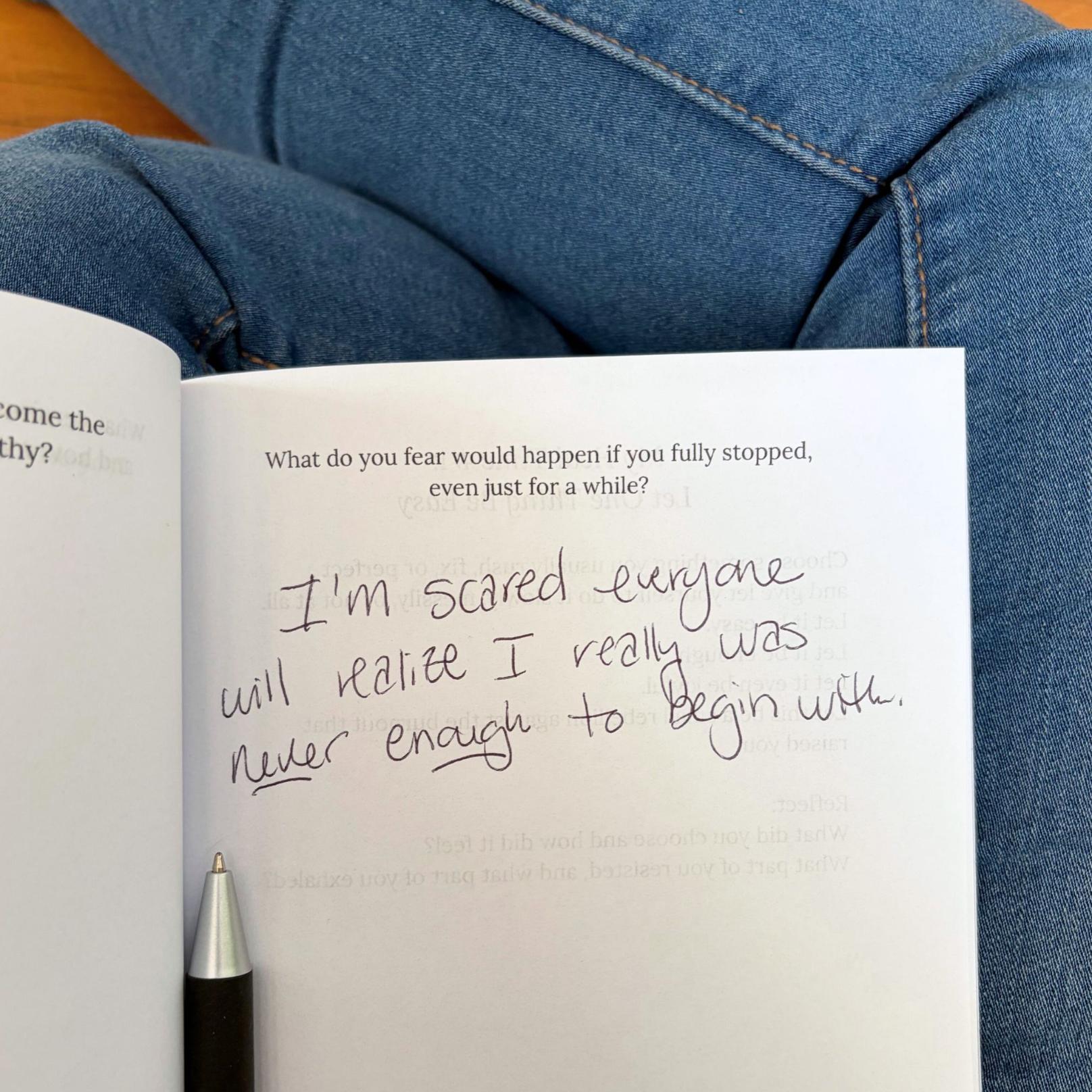 My Heal Journal guided healing journal open with handwritten response about not feeling enough